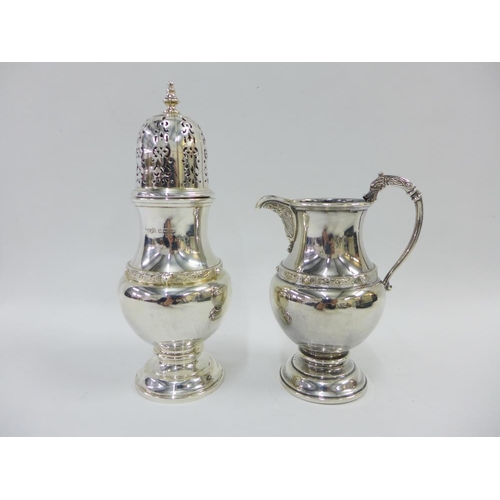 45 - George V silver sugar caster and cream jug, Wilson & Sharp, Birmingham 1940, the jug with a scrollin... 