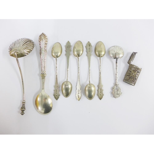 54 - Silver filigree box, white metal and enamel spoon, five Birmingham silver teaspoons and two Epns spo... 