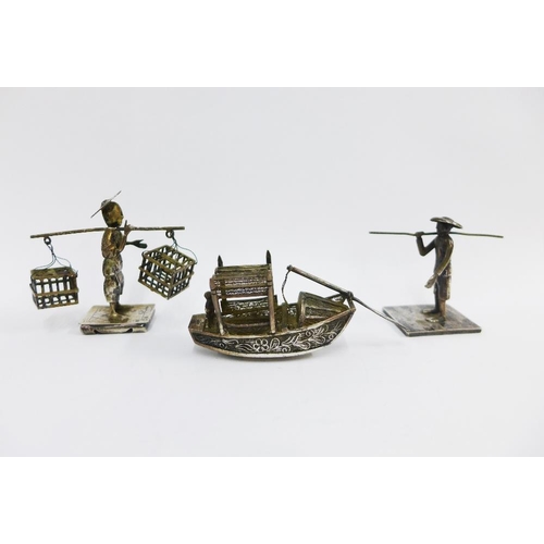 55 - Seven various Chinese silver and white metal figures together with a boat, rickshaw and turtle, etc ... 