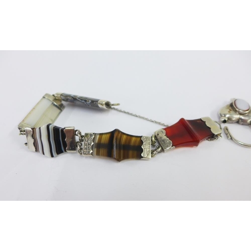 65 - Scottish hardstone and banded agate bracelet with white metal mounts and heart shaped clasp / pendan... 