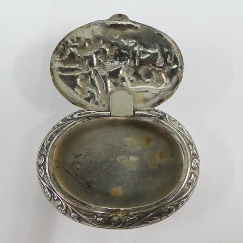 8 - Continental silver pill / snuff box, the oval lid with cattle and a figure, 6cm