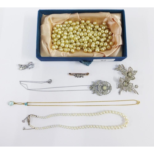 82 - A strand of cultured pearls, paste jewellery and a 9ct gold brooch, etc (a lot)