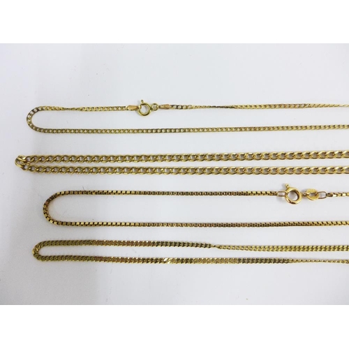 83 - Four 9ct gold necklaces, an 18ct gold cased wrist watch, collection of yellow metal earrings and a y... 