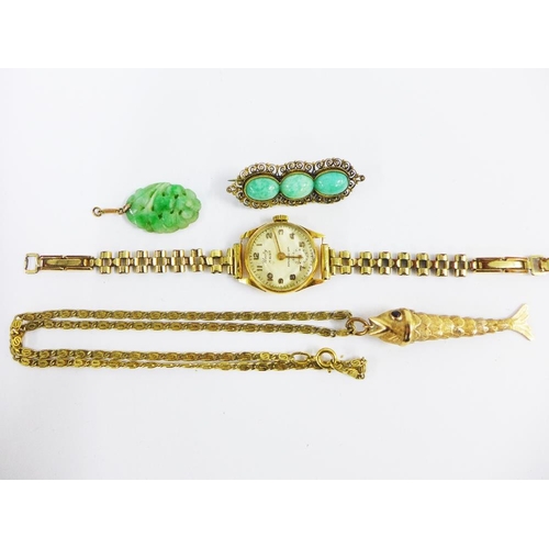 83 - Four 9ct gold necklaces, an 18ct gold cased wrist watch, collection of yellow metal earrings and a y... 