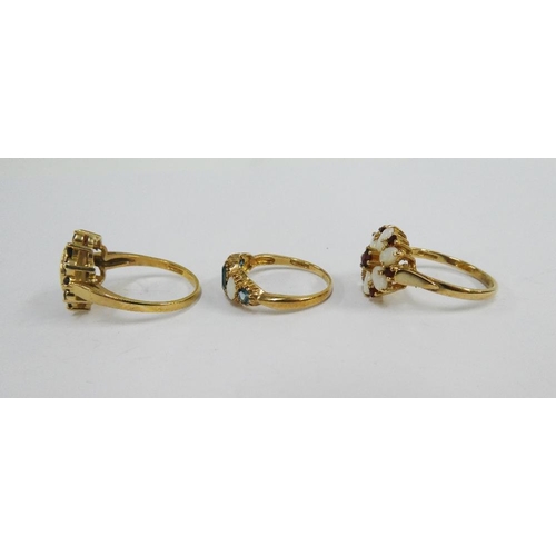 91 - Three 9ct gold gemset dress rings, (3)