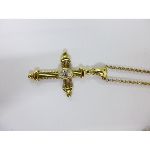 93 - 14ct gold crucifix pendant on a 9ct gold chain together with a 9ct gold chain with cultured pearl sp... 