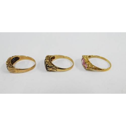 96 - Three 9ct gold gemset dress rings, (3)