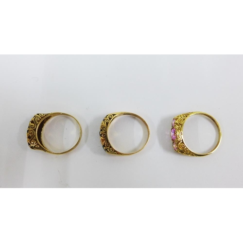 96 - Three 9ct gold gemset dress rings, (3)