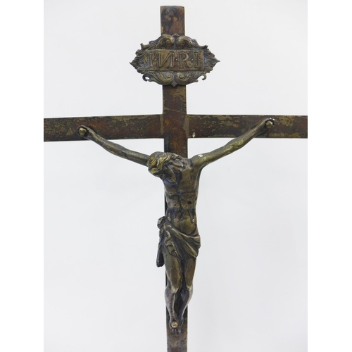 97 - Early continental silver Corpus Christi Cavalry Crucifix, with Baroque base surmounted by skull and ... 