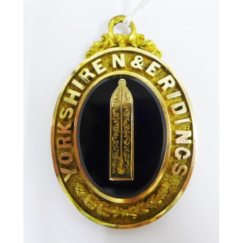 101 - Victorian Masonic gilt metal 'Yorkshire & E. Riding' jewel, in fitted case,  7cm long