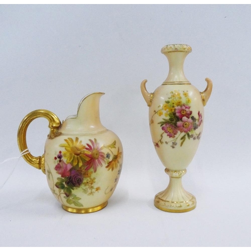 114 - Royal Worcester blush ivory jug and twin handled vase, both with handpainted flowers, tallest 16cm h... 