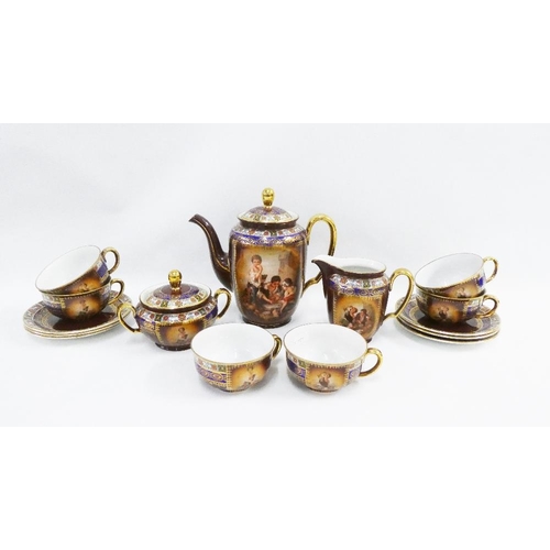 116 - Continental porcelain tea / coffee set, transfer printed with figures to a brown ground with gilded ... 