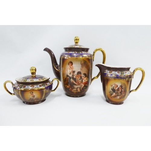 116 - Continental porcelain tea / coffee set, transfer printed with figures to a brown ground with gilded ... 