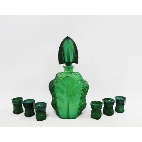 121 - Early 20th century malachite floral moulded  liqueur set comprising decanter and stopper and set of ... 