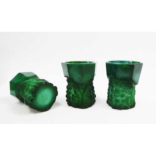 121 - Early 20th century malachite floral moulded  liqueur set comprising decanter and stopper and set of ... 