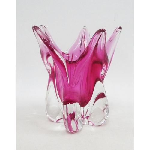 122 - Bohemia Art glass vase in pink and clear glass, with original sticker, 17cm high