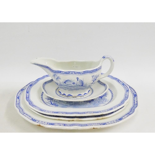 135 - Furnival's Quail pattern blue and white table wares to include three graduated ashets and a sauce bo... 