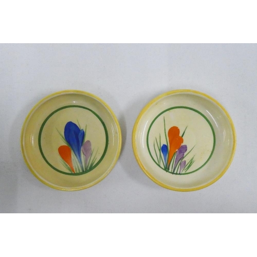 139 - Clarice Cliff Bizarre pair of Crocus pattern pin dishes, with printed backstamps, 8cm diameter (2)