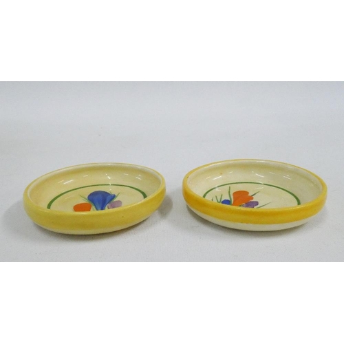 139 - Clarice Cliff Bizarre pair of Crocus pattern pin dishes, with printed backstamps, 8cm diameter (2)