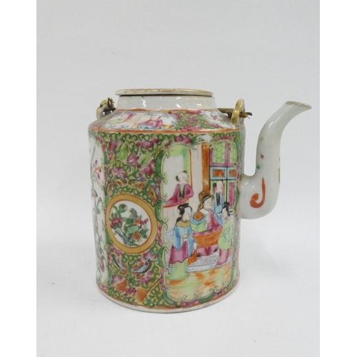 143 - Famille rose Canton enamel wine / teapot, with basket weave swing handle, 17cm high