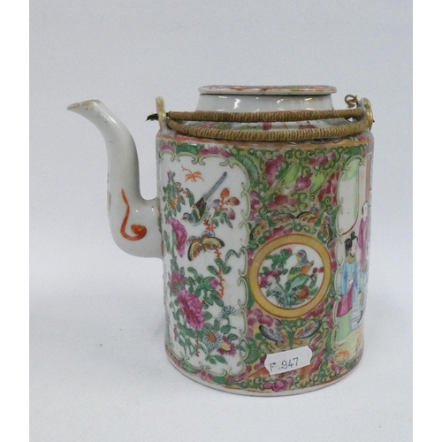 143 - Famille rose Canton enamel wine / teapot, with basket weave swing handle, 17cm high