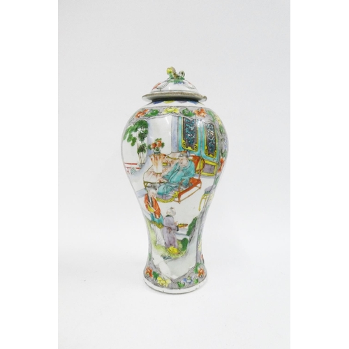 144 - Chinese Famille Verte baluster vase and cover, painted with figures, the lid with losses, 26cm high