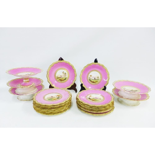 163 - 19th century pink and gilt glazed  porcelain dessert service comprising set of seventeen plates, taz... 