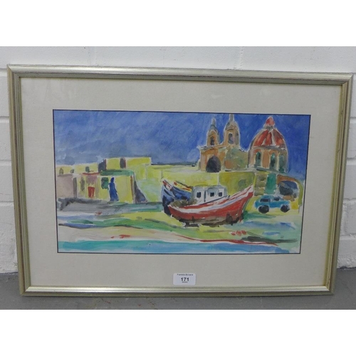 171 - Lilias Finlay Malta,  Watercolour, singed with initials,  in glazed frame, 21 x 44cm