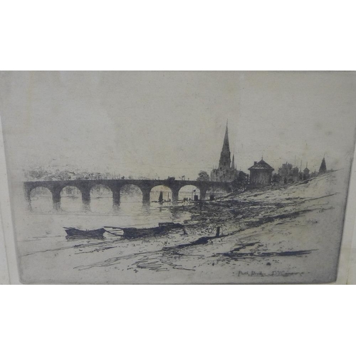 174 - DY Cameron,  Perth Bridge,  etched print,  in glazed frame, 28 x 20cm