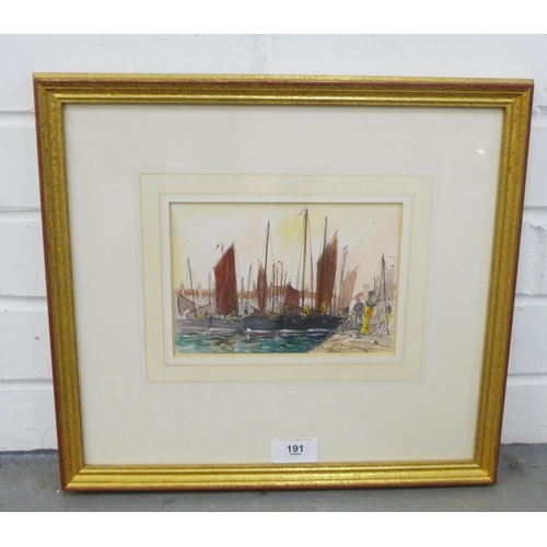 191 - Peter Knox, Mending Nets,  Watercolour, signed,  in glazed frame 18 x 12cm