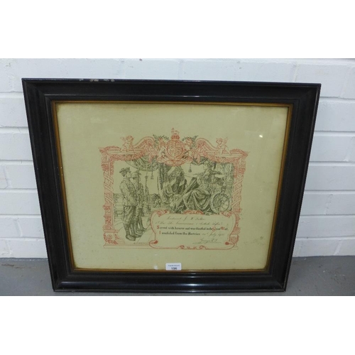 196 - WWI framed 'Invalided From the Service' certificate, dated 14th July 1918, in glazed frame, 48 x 40c... 