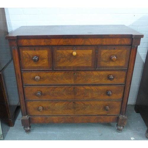 204 - Victorian mahogany Scotch chest with breakfront top over three short and three graduating long drawe... 