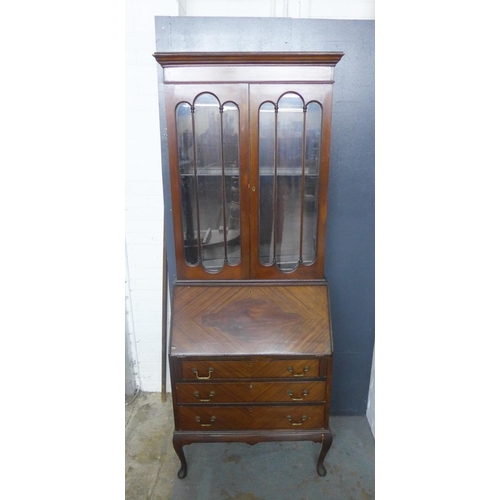 206 - Mahogany bureau bookcase with cornice top and pair of glazed doors over a fall front and three drawe... 