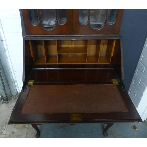 206 - Mahogany bureau bookcase with cornice top and pair of glazed doors over a fall front and three drawe... 