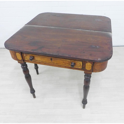 221 - 19th century mahogany and burrwood fold over table, with a single frieze drawer and on tuned legs, 7... 