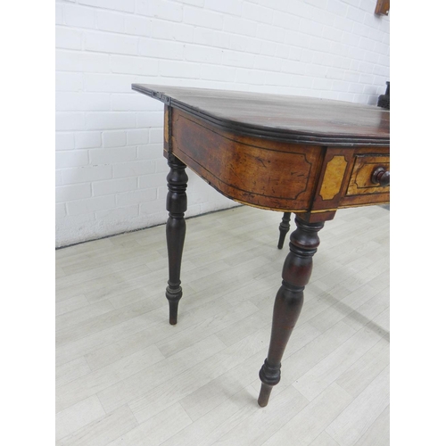 221 - 19th century mahogany and burrwood fold over table, with a single frieze drawer and on tuned legs, 7... 