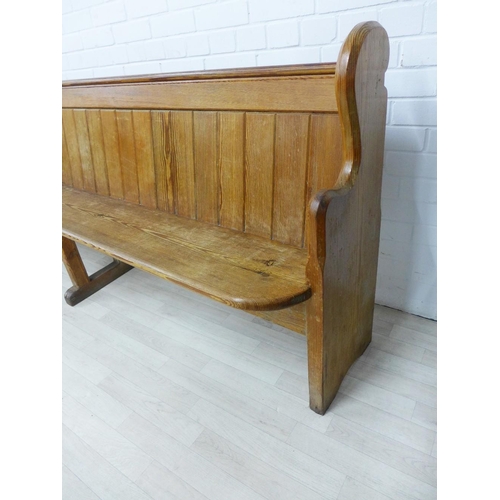 227 - Long pine pew with planked back and shaped side supports, 95 x 240cm