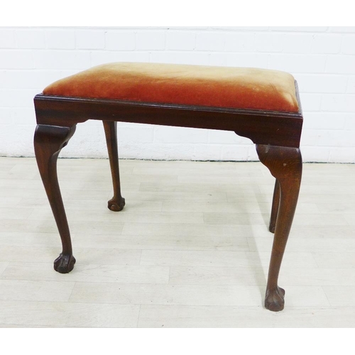 238 - Mahogany stool with upholstered slip in seat, on cabriole legs with claw and ball feet, 46 x 56cm