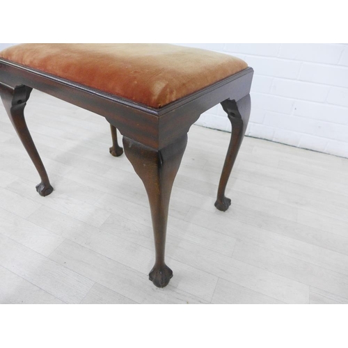 238 - Mahogany stool with upholstered slip in seat, on cabriole legs with claw and ball feet, 46 x 56cm