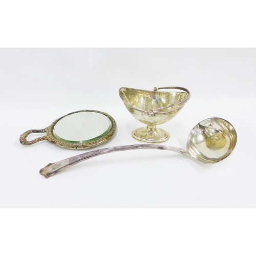 67 - Victorian London silver sugar basket, Chester silver backed hand mirror and an Epns ladle (3)