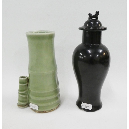 125 - Chinese black glazed vase and cover with dog finial together with a celadon glazed bamboo vase, tall... 