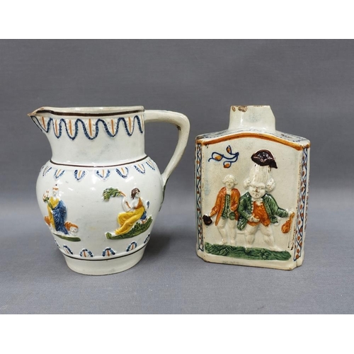 73 - Pratt Ware moulded jug with classical figures and a Pratt Ware Macaroni caddy, the neck with losses ... 