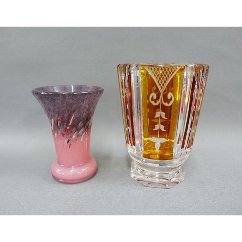 119 - Art glass to include a small Vasart vase, Heron glass iridescent mushroom and an Bohemian style vase... 