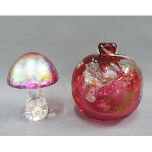 119 - Art glass to include a small Vasart vase, Heron glass iridescent mushroom and an Bohemian style vase... 