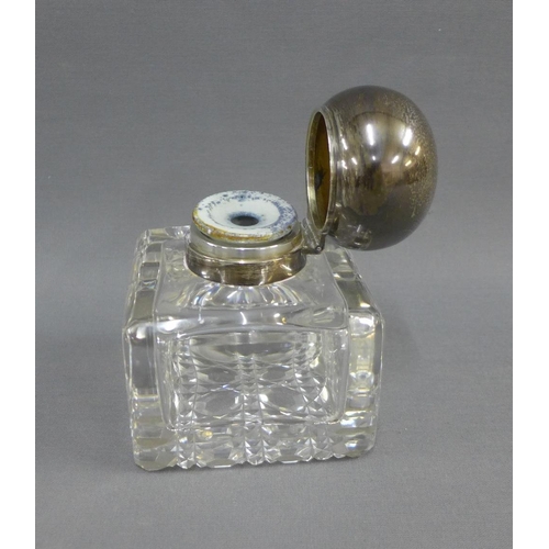 1 - Edwardian silver topped glass inkwell, John Grinsell & Sons, London 1902, of square form with a hobn... 