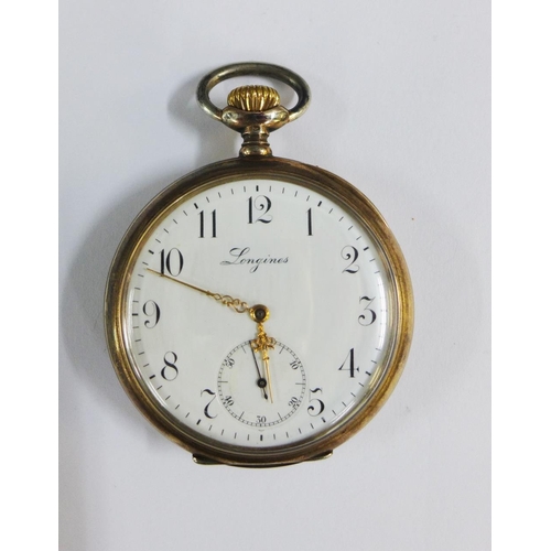 15 - Longines silver cased and engine turned open faced pocket watch, the bezel and rear cover with gold ... 