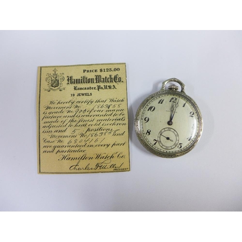 16 - Hamilton silver case open faced pocket watch, movement numbered 1863858, boxed with original price c... 