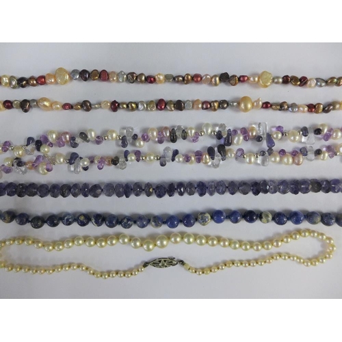 17 - WITHDRAWN 
Strand of cultured pearls with a 9ct white gold clasp, various coloured hardstone necklac... 