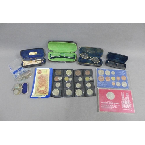 18 - Collection of pre decimal coins and later bank notes together with a collection of vintage spectacle... 