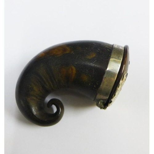 26 - 19th century Scottish curly horn snuff mull, with silver mounts, the collar inscribed Jas Smith, 8.5... 